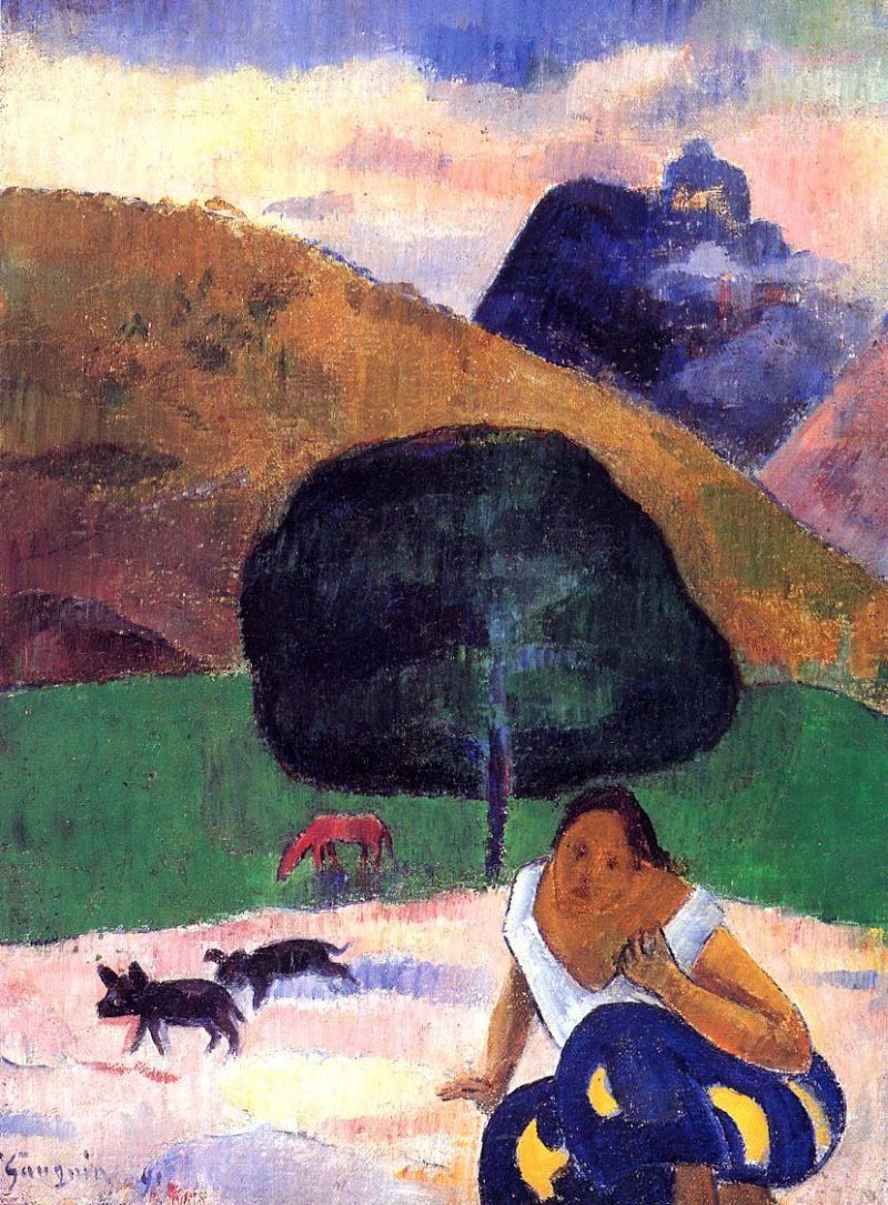 Paul Gauguin Landscape with Black Pigs and a Crouching Tahitian